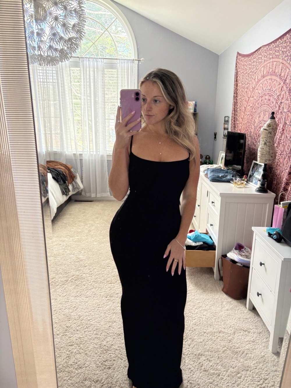 SKIMS Black Onyx Soft Lounge Long Slip Dress with Thin Spaghetti Straps